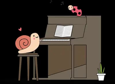 Snail playing an upright piano
