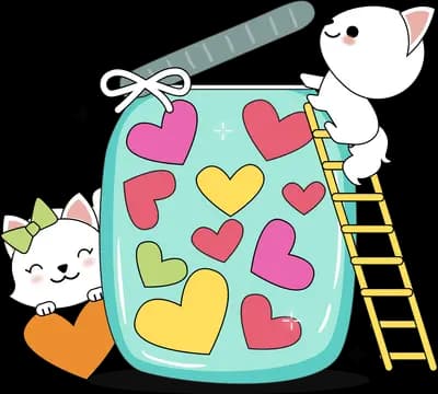 Mouse on a ladder filling a jar with hearts