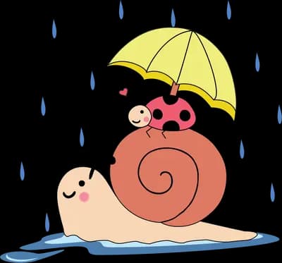 Snail sheltering under a yellow umbrella in rain