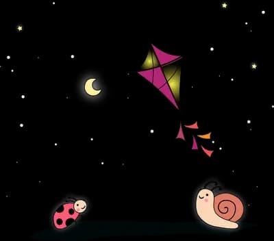 Snail flying a kite at night with a ladybug