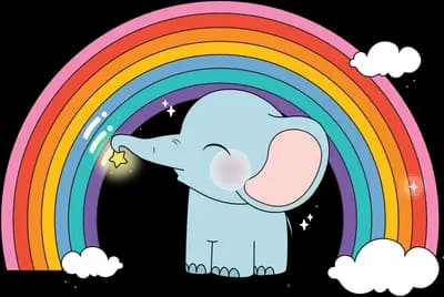 Elephant sitting beneath a rainbow arc