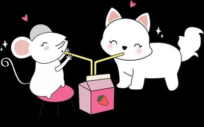 Mouse and cat sharing a juice carton with straws