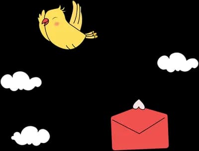 Bird carrying a red envelope through clouds