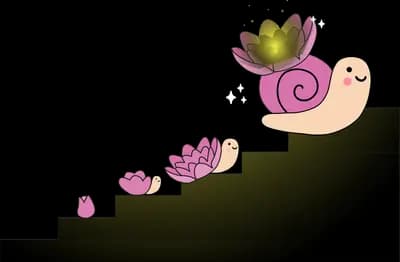 Snail climbing dark steps carrying a plant