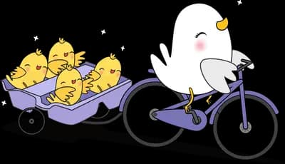Duck cycling a cart loaded with yellow bundles