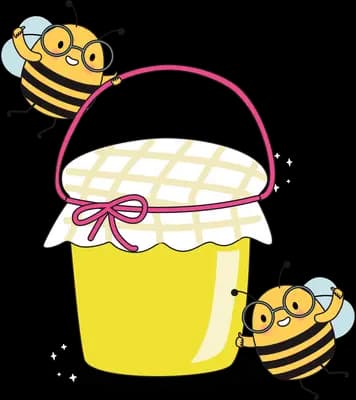 Bees around a yellow honey pot with a bow