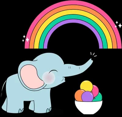 Elephant with a bowl of ice cream under a rainbow
