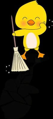 Chick sweeping with a broom and a long shadow