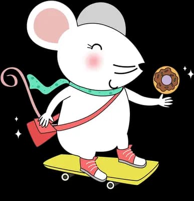 Mouse riding a skateboard holding a doughnut