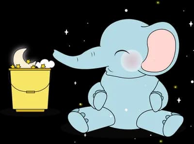 Elephant beside a yellow bucket with sparkles