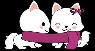Two cats sharing a long purple scarf