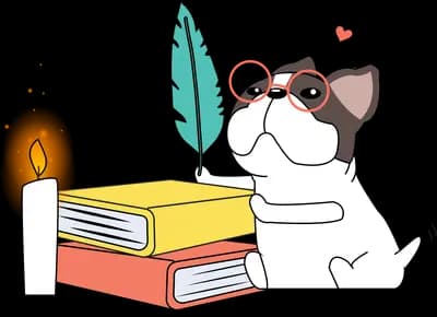 Dog in sunglasses beside books and a candle
