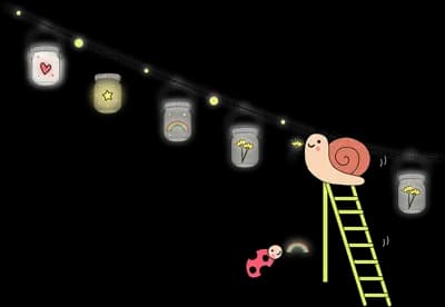 Snail on a ladder hanging lanterns on a line