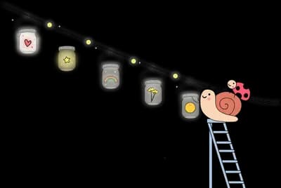 Snail on a ladder stringing lanterns along a line