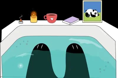 Seals swimming in a teal pool beside a ledge of objects