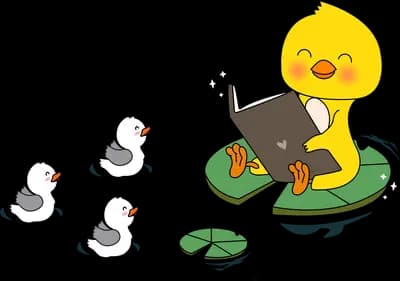 Duck reading on a lily pad with ducklings following
