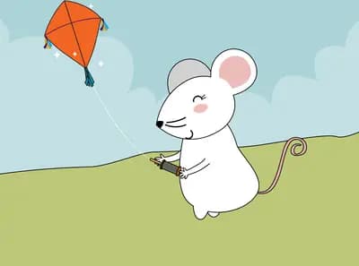 Mouse flying a kite in a green field