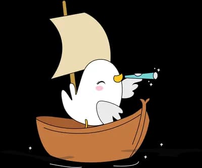 Duck with a telescope in a small sailing boat