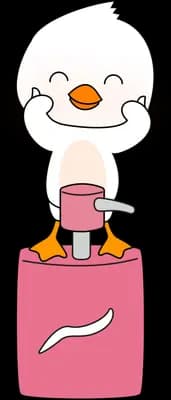 Duck drinking from a pink bottle