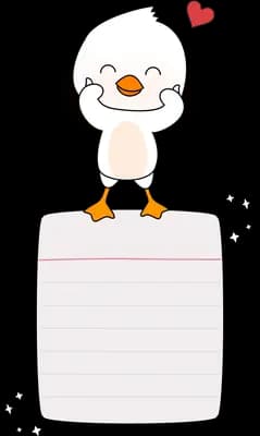 Duck standing on a blank white card with a heart