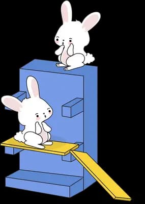 Rabbits on a blue slide and ramp