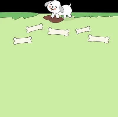 Small dog on a plain green field with bones