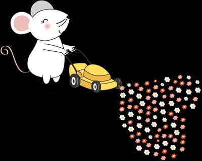 Mouse pushing a lawnmower scattering hearts