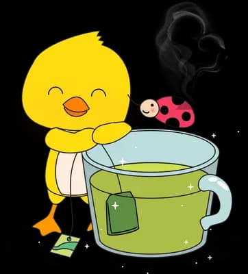 Chick beside a teal bucket and a dark plume
