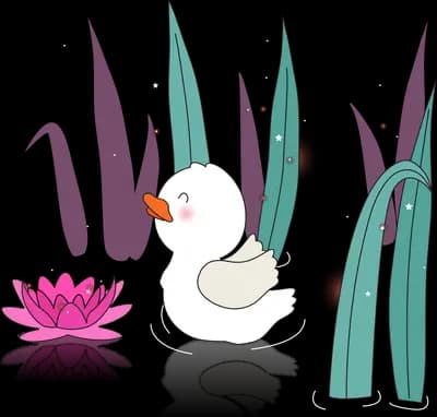 Duck among reeds, lotus flowers and orbs