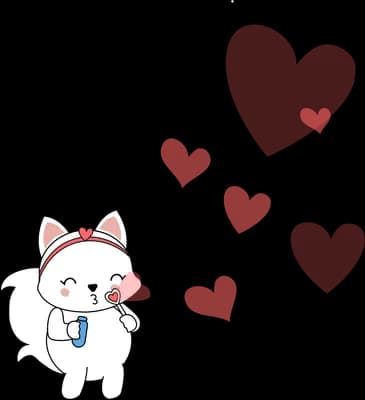 Cat in a bow walking beneath floating hearts