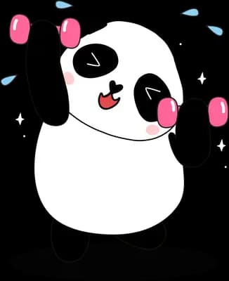 Panda lifting pink dumbbells and sweating