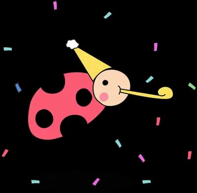 Ladybug in a party hat with a party blower