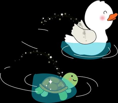 Duck and turtle in small boats trailing beads
