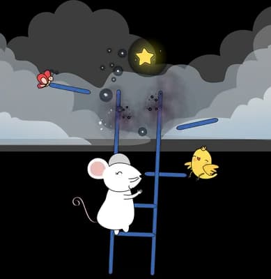 Mouse on a ladder reaching for a dark orb in the sky