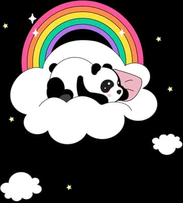 Two pandas asleep on a cloud under a rainbow