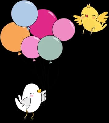 Duck holding balloons with a chick nearby