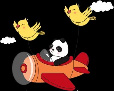 Panda flying a red plane pulled by chicks