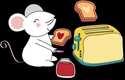 Mouse making toast with jam at a toaster