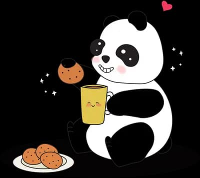 Panda holding a drink beside a plate of food