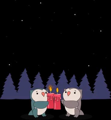 Two owls with gifts among pine trees