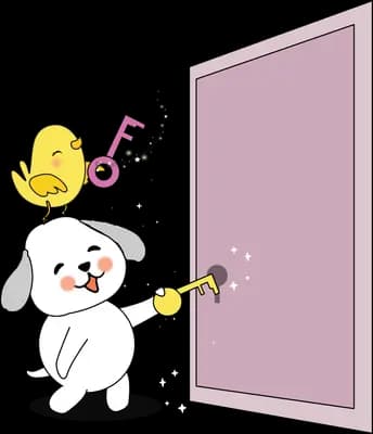 Dog opening a pink door with a chick above