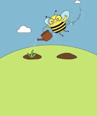Bee flying over a green field under blue sky
