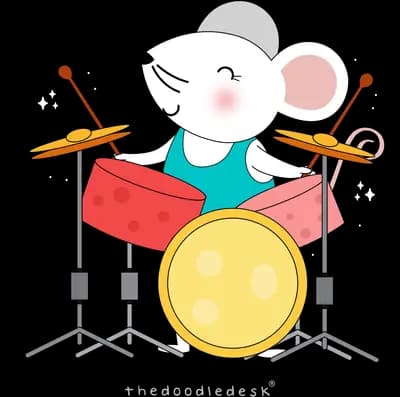Mouse playing a full drum kit