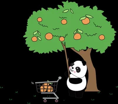 Panda with a shopping trolley by a fruit tree