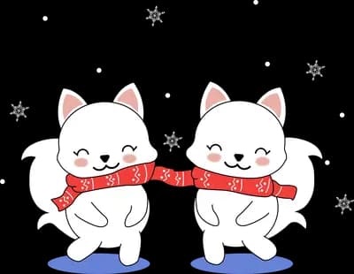 Two white cats standing side by side sharing one long red scarf