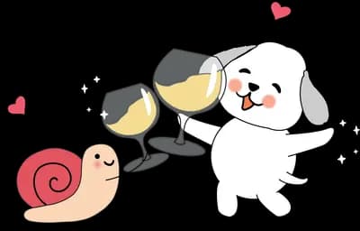 Snail and white puppy clinking wine glasses together