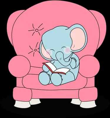 Baby elephant curled up reading a book in a large pink armchair