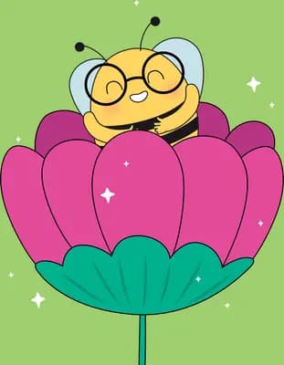 Bee wearing round glasses sitting inside a pink lotus on a green square