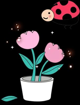 Ladybug flying above a potted pink tulip plant