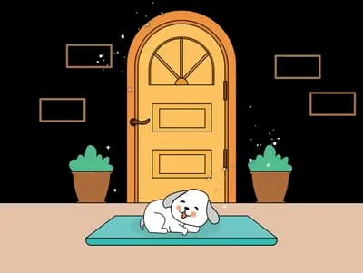 White puppy lying on a mat outside a wooden front door between potted plants